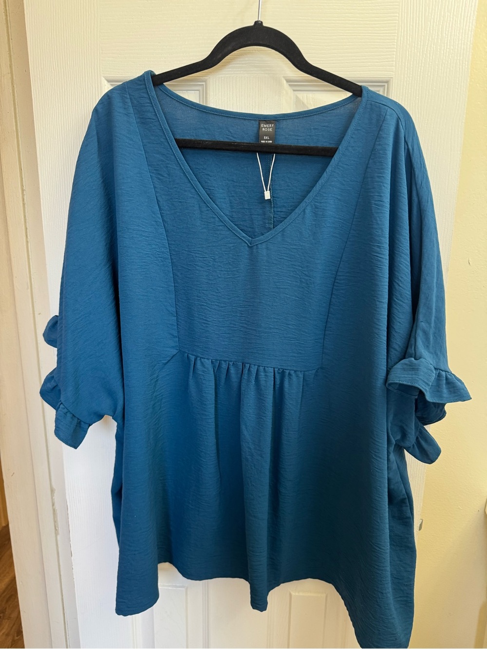 SHEIN Teal V-Neck Ruffle Sleeve Peplum Top